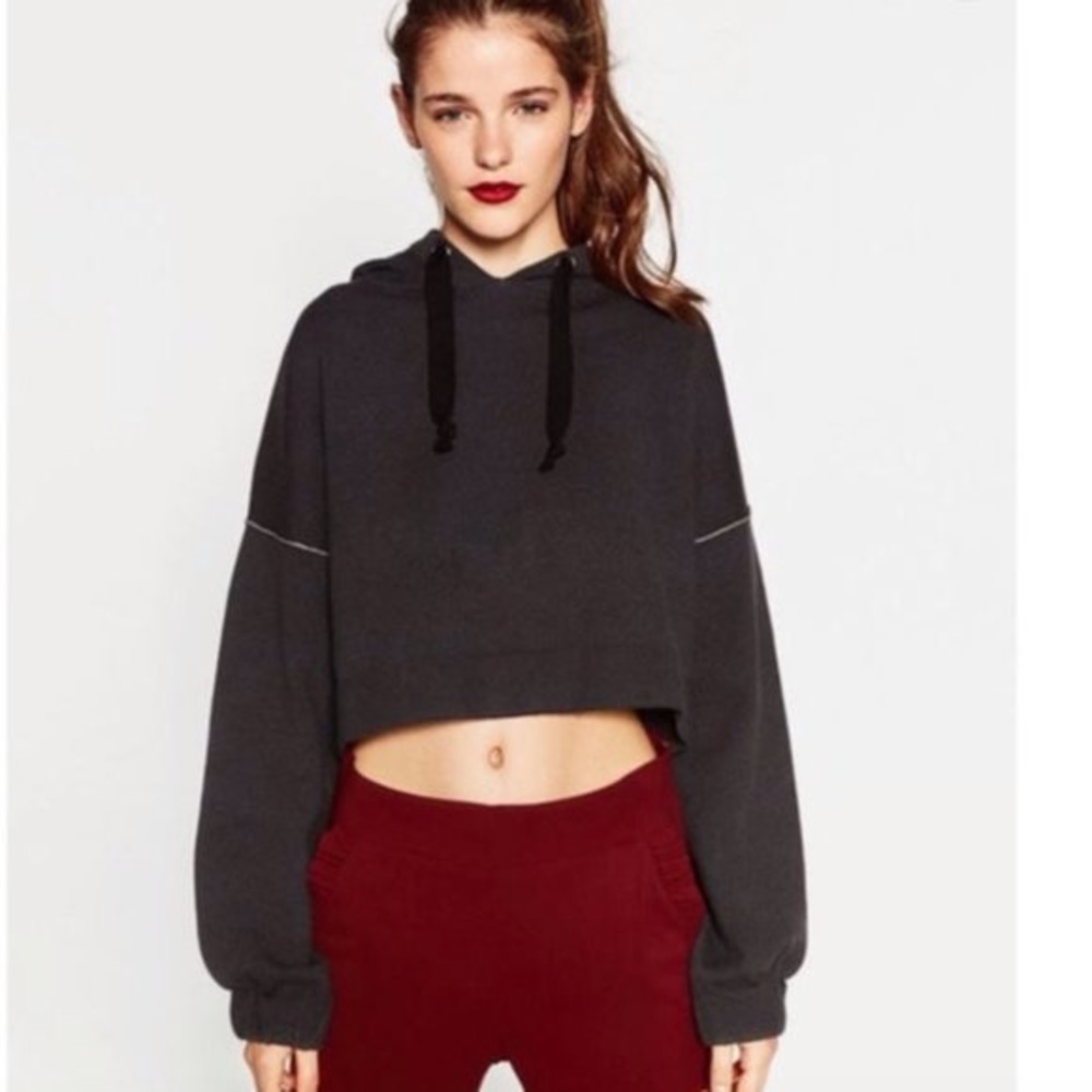 Soft Zara Crop Knit Hoodie puffy sleeves